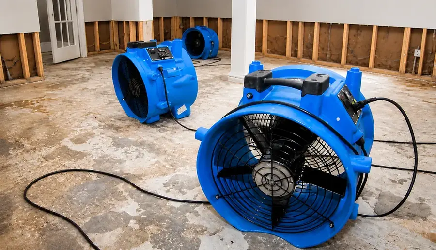 Air movers drying a water-damaged floor in a Bronx, NY building