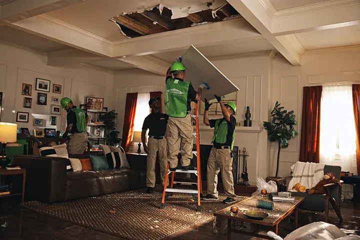 Crew removing a water damaged ceiling after a leak from the unit above in a Bronx, NY apartment