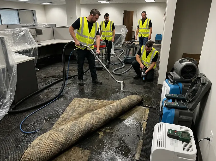 Crew extracting water from the carpet of a flooded Bronx, NY commercial space