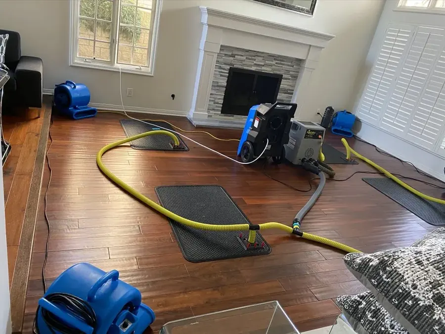Air movers and a dehumidifier drying a water damaged Bronx, NY room